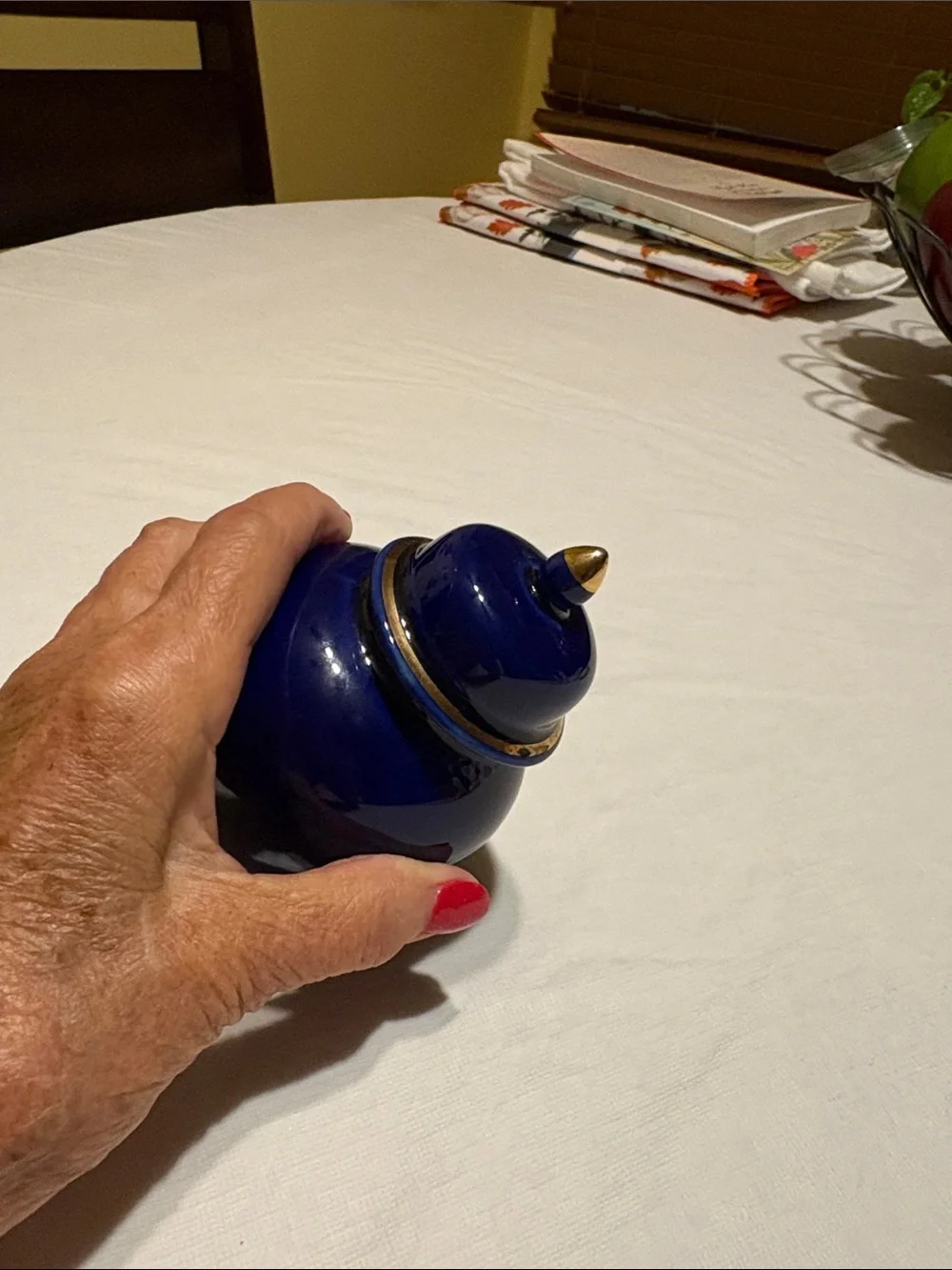 Cobalt Blue Porcelain Lidded Vase with Gold and Floral Motif
